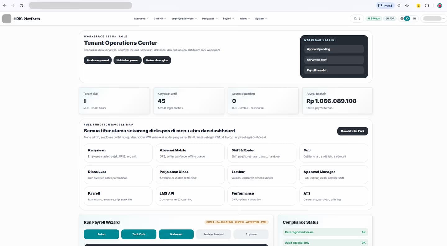 Anonymized HRIS tenant operations dashboard preview